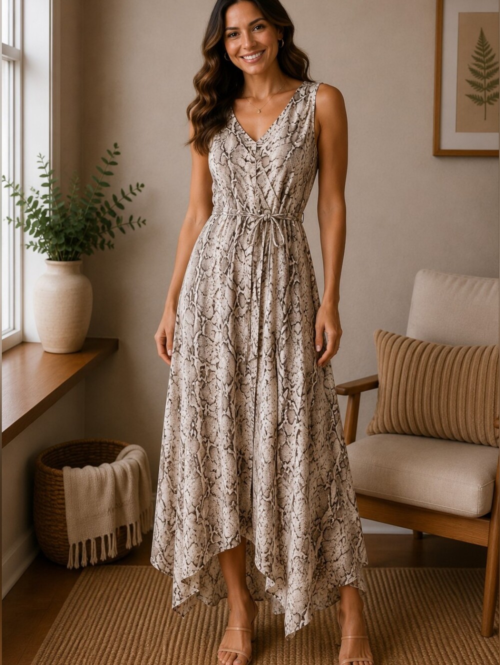 Emma & Michele Neutral Snake-Print V-Neck Sleeveless Maxi Dress